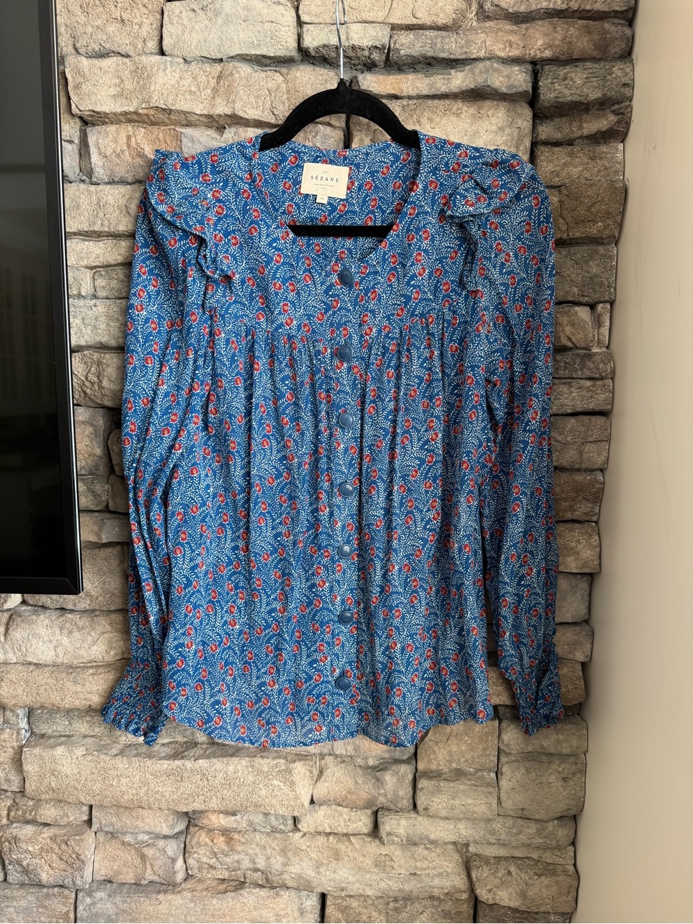 Sezane Blue Floral Button-Front Blouse with Red Accents